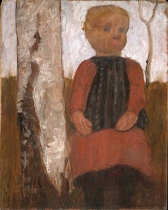 白樺の幹に赤いドレスの子 作： Paula Modersohn Becker